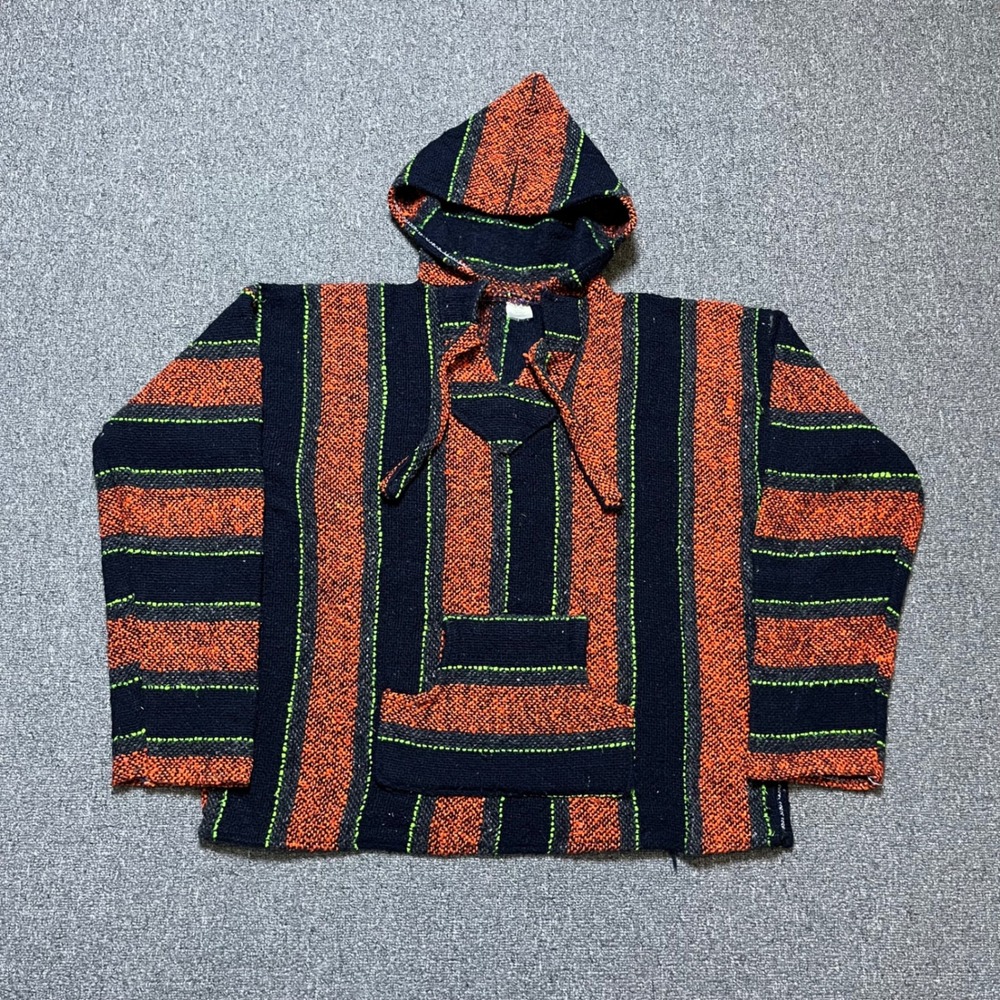 Vintage Mexican Baja Hoodie Orange Black Striped Hippie Drug Rug Pullover